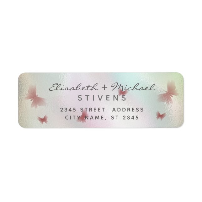 Holographic butterfly script wedding label (Front)