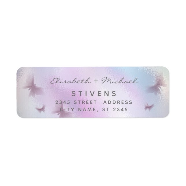 Holographic butterfly script wedding label (Front)