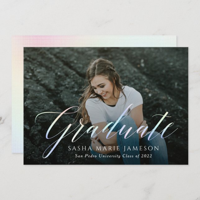 Holographic Calligraphy Graduate Landscape Photo Invitation (Front/Back)