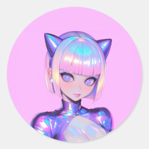 Holographic Catgirl Cyber Pop Portrait Classic Round Sticker