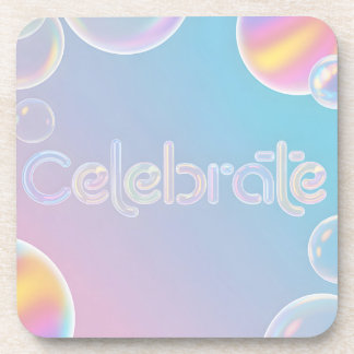 Holographic Celebration: "Celebrate" Typography Coaster