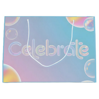 Holographic Celebration: "Celebrate" Typography Large Gift Bag