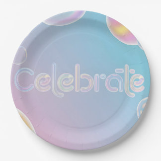Holographic Celebration: "Celebrate" Typography Paper Plate