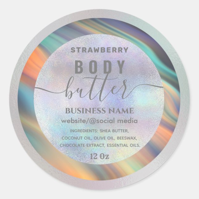 Holographic colourful script body butter label (Front)