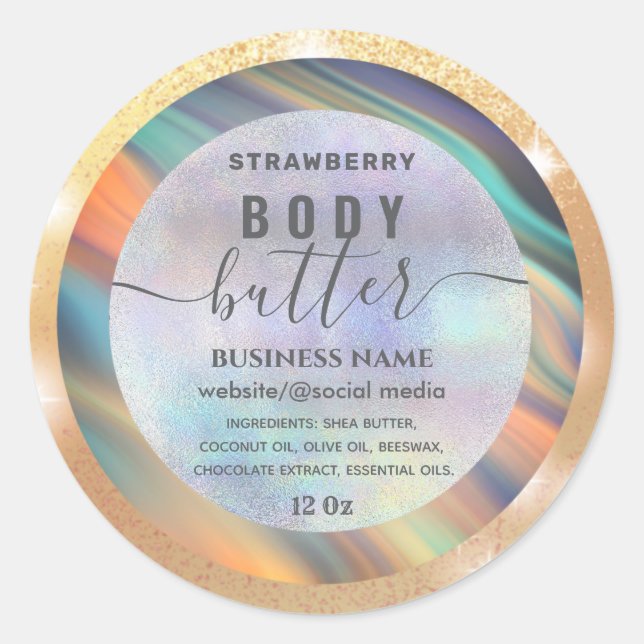 Holographic colourful script body butter label (Front)