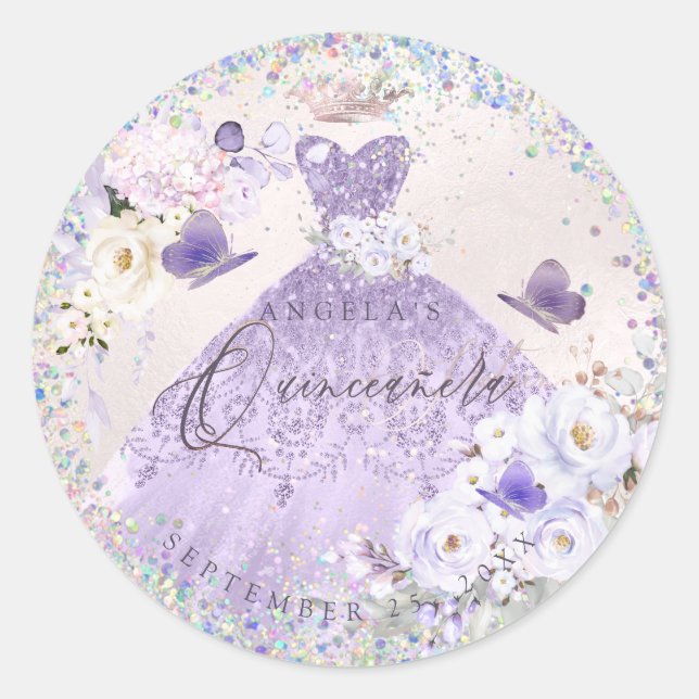 Holographic Confetti Quinceanera Purple Gown Classic Round Sticker (Front)