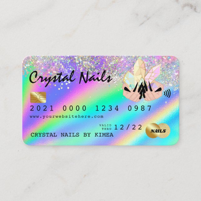 Holographic Crystal Glitter Nail Tech Credit Card (Front)