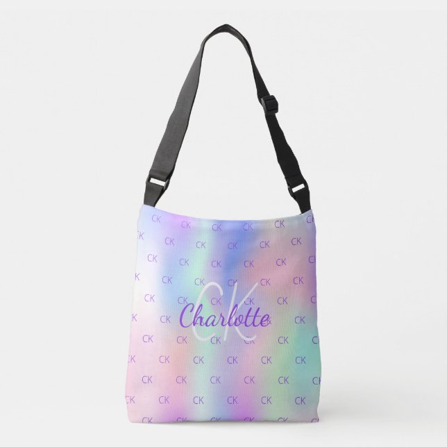 Holographic custom monogram pink purple crossbody bag (Front)