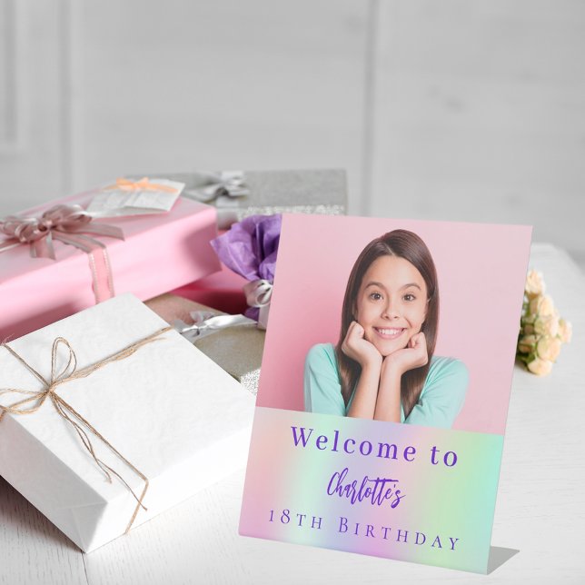 Holographic custom photo 18th birthday welcome pedestal sign (Creator Uploaded)