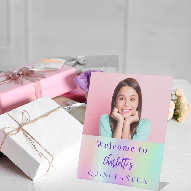 Holographic custom photo Quinceanera party welcome Pedestal Sign (Creator Uploaded)