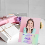 Holographic custom photo Sweet 16 party welcome Pedestal Sign<br><div class="desc">A welcome sign for a Sweet 16 party.  Holographic background in purple,  pink and mint green.  Personalise and add your own high quality photo of the birthday girl. The text: The name in purple with a modern hand lettered style script. Tempates for a name.</div>