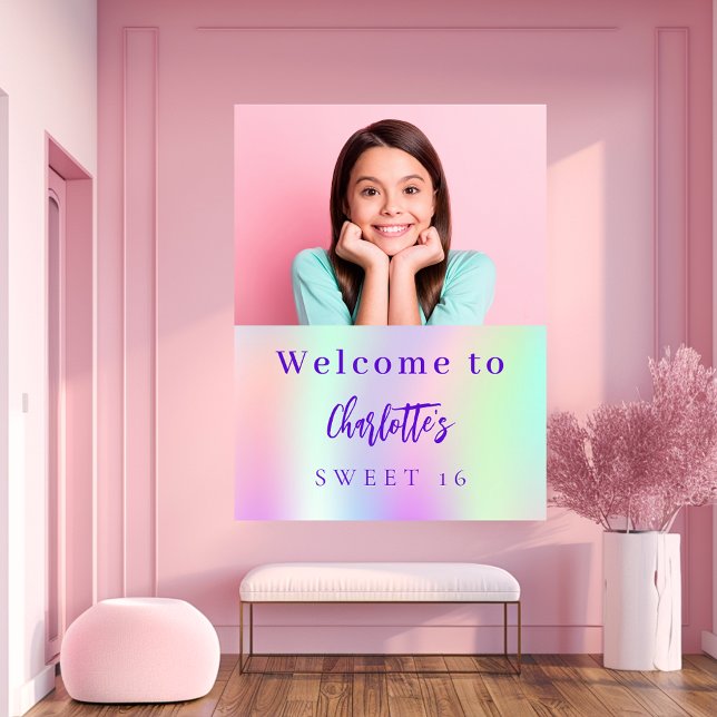 Holographic custom photo Sweet 16 party welcome Poster (Creator Uploaded)