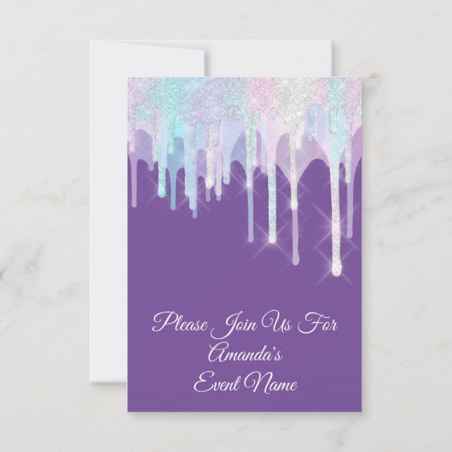 Holographic Drips Unicorn Pink Purple Quinceanera Invitation (Back)