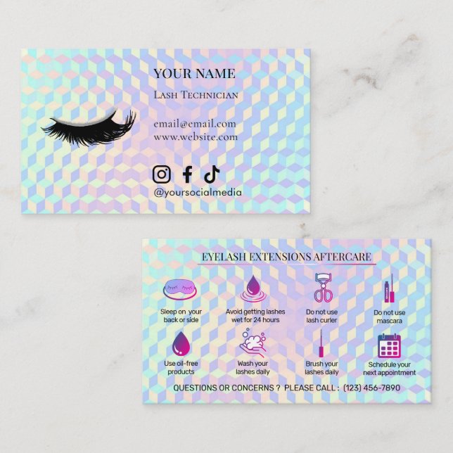 Holographic Eyelash Extensions Lash Aftercare Business Card (Front/Back)