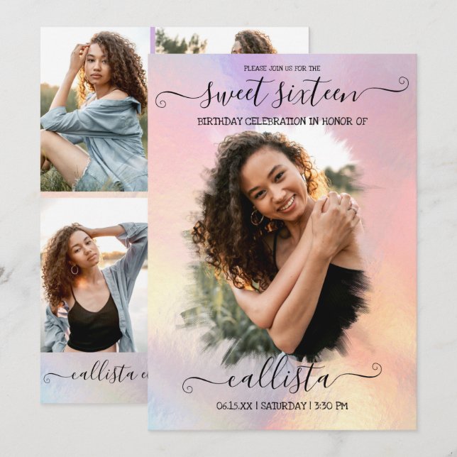 Holographic Foil Halo Photo Collage Sweet 16 Invitation (Front/Back)