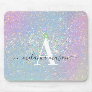 Holographic Glam Glitter Elegant Sparkles Monogram Mouse Pad