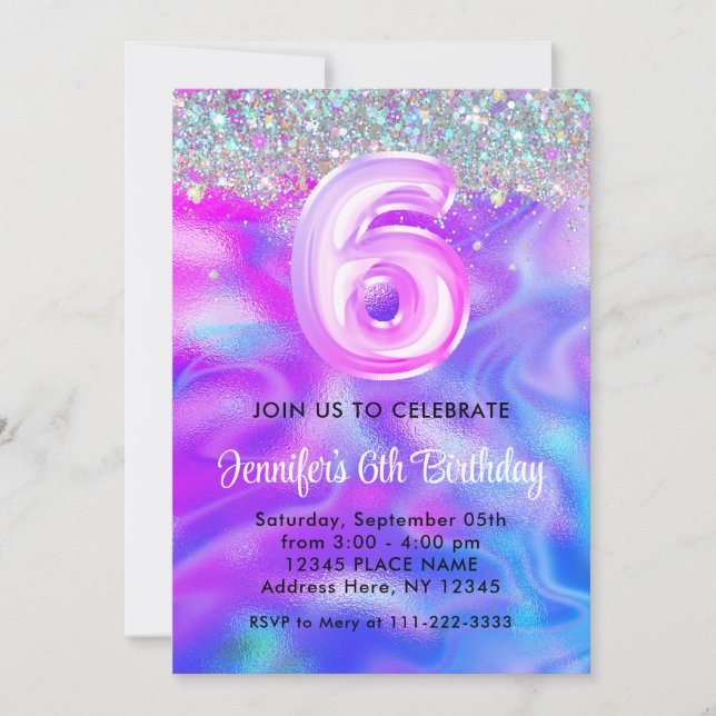 Holographic Glitter 6th Girly Purple Birthday  Invitation (Front)