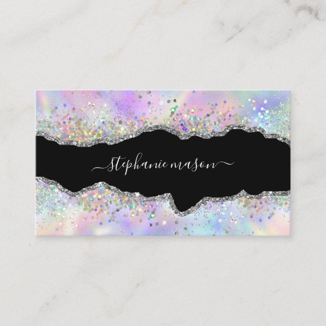 Holographic Glitter Beauty Salon Chic Agate Calling Card (Front)