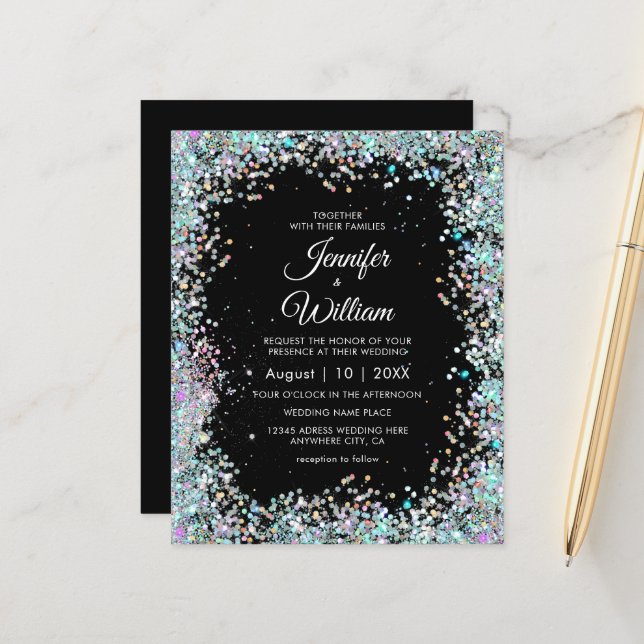 Holographic Glitter Black Wedding Invitation (Front/Back In Situ)