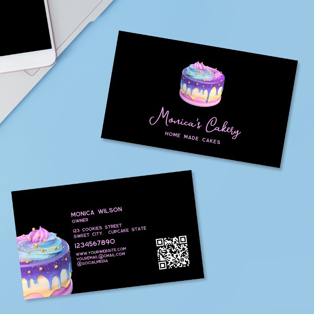 Holographic Glitter Cake Home made Cupcakes QR cod Business Card (holographic cake black background)