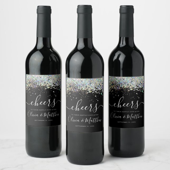 Holographic Glitter Cheers Toast Names Wedding Wine Label (Bottles)