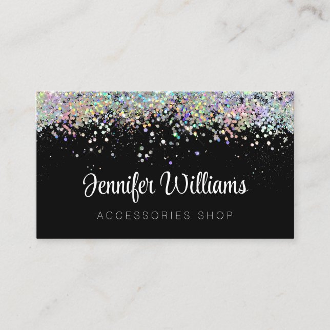 Holographic Glitter Custom Qr Code Black Business Card (Front)