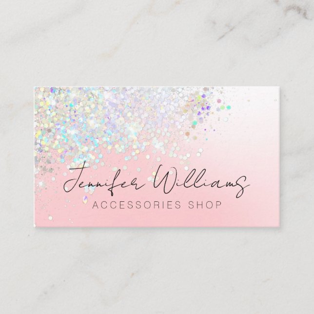 Holographic Glitter Custom Qr Code Pink Pastel Business Card (Front)