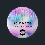Holographic Glitter Drips Employee Logo Name Tag 6 Cm Round Badge<br><div class="desc">Easily personalise this cute Custom Holographic Glitter Drips Pastel Unicorn Employee Name tag button with name, profession and business logo. A colourful cute business design in baby iridescent rainbow pastel colours fully customisable in front and back sizes, sans-serif basic and modern fonts and a professional and clear look. The holographic...</div>
