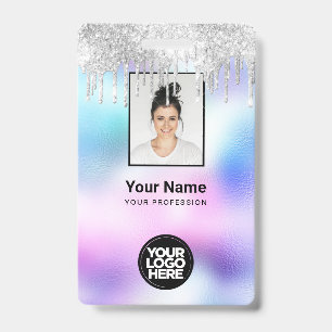 Holographic Glitter Drips Employee Photo Logo Name ID Badge