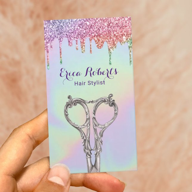 Holographic Glitter Drips Hair Stylist Salon Business Card (Creator Uploaded)