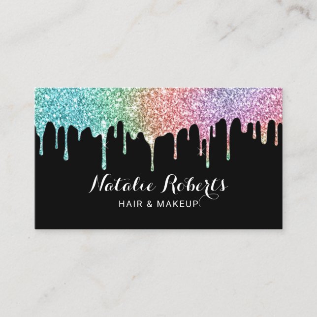 Holographic Glitter Drips Makeup Artist Salon Business Card (Front)