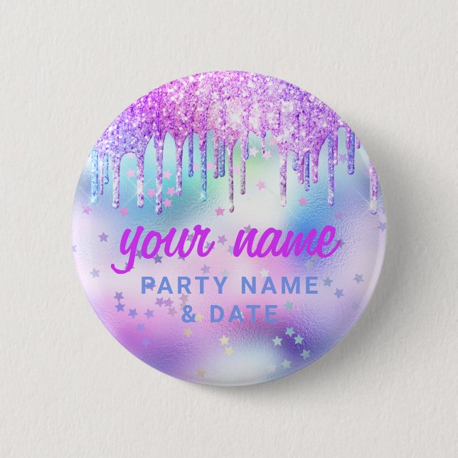 Holographic Glitter Drips Purple Party Name Favour 6 Cm Round Badge (Front)