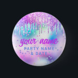 Holographic Glitter Drips Purple Party Name Favour 6 Cm Round Badge<br><div class="desc">Easily personalise this cute Custom Holographic Glitter Drips Pastel Unicorn party Name tag button with name, profession and business logo. A colourful cute business design in baby iridescent rainbow pastel colours fully customisable, elegant script calligraphy fonts and a professional and clear look. The holographic name tag button is avaiable in...</div>