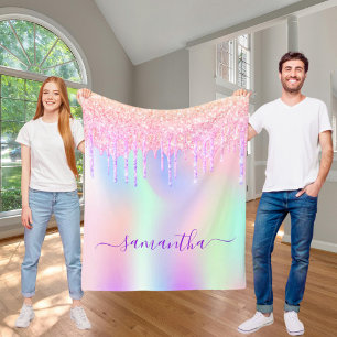 Holographic glitter drips unicorn rainbow monogram fleece blanket