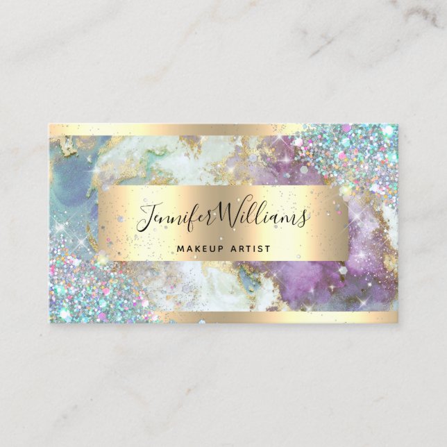 Holographic Glitter Gold Foil Watercolor Business Card (Front)