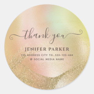 Holographic glitter gold script thank you classic round sticker