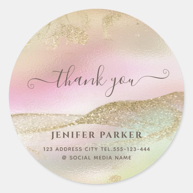 Holographic glitter gold  script thank you classic round sticker (Front)