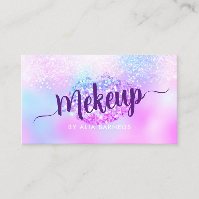 Holographic Glitter Lip Purple Girly Business Card (Front)