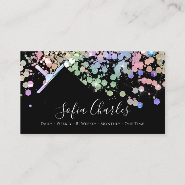 Holographic Glitter Maid Cleaning House Black Business Card (Front)