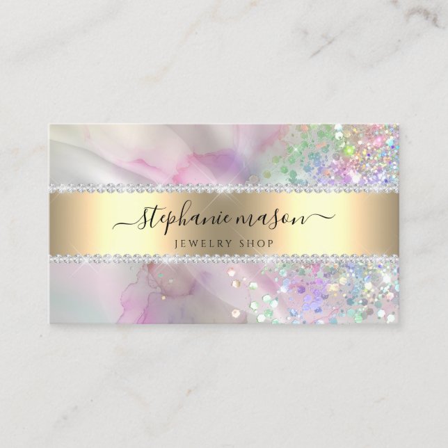 Holographic Glitter Marbled Watercolor Pink Calling Card (Front)