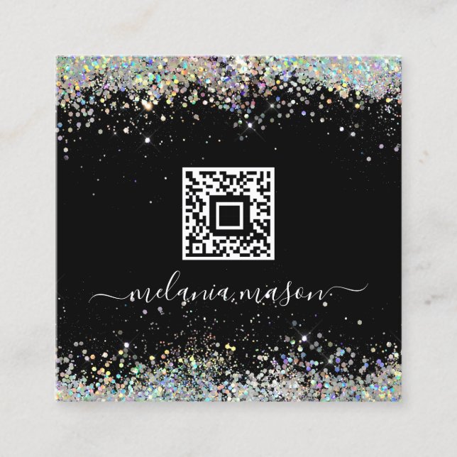 Holographic Glitter Nail Artist Black QR Code Chic Square Business Card (Front)