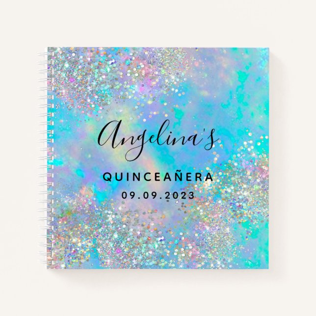 Holographic Glitter Opal Quinceañera Guest Book (Front)