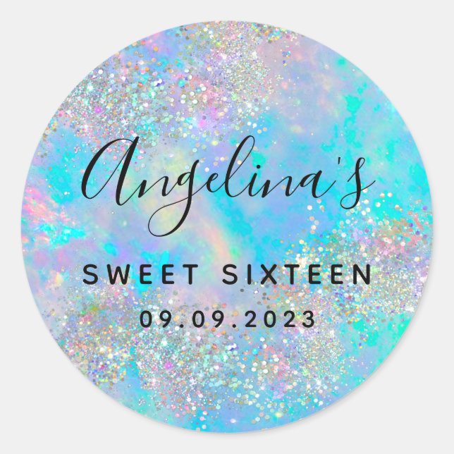 Holographic Glitter Opal Sweet Sixteen  Classic Round Sticker (Front)