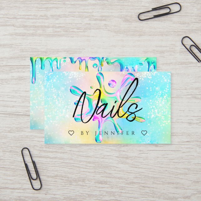 Holographic Glitter Polish Splash Drips Nails Business Card (Front/Back In Situ)