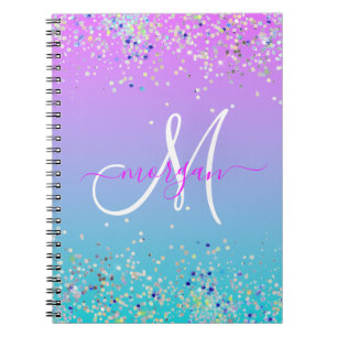 Holographic Glitter Purple Blue Ombre Monogram Notebook