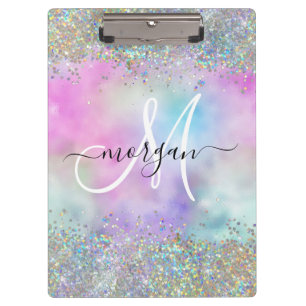 Holographic Glitter Rainbow Pastels Monogram Clipboard