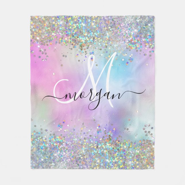 Holographic Glitter Rainbow Pastels Monogram Fleece Blanket (Front)