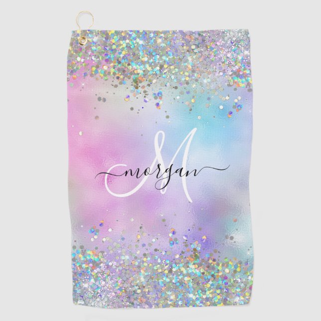 Holographic Glitter Rainbow Pastels Monogram Golf Towel (Front)