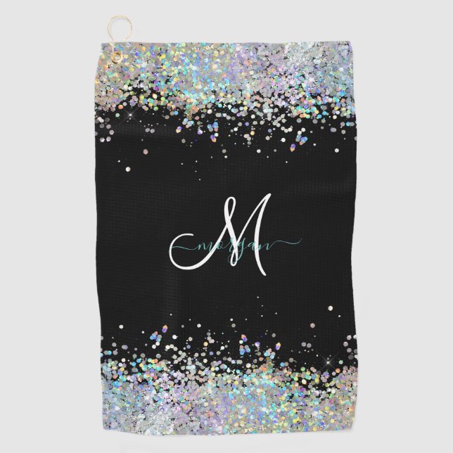 Holographic Glitter Rainbow Pastels Monogram Golf Towel (Front)