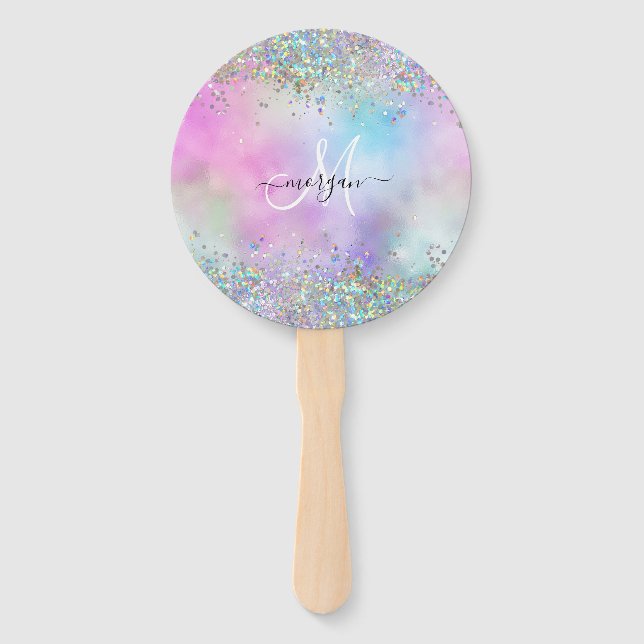 Holographic Glitter Rainbow Pastels Monogram Hand Fan (Front)